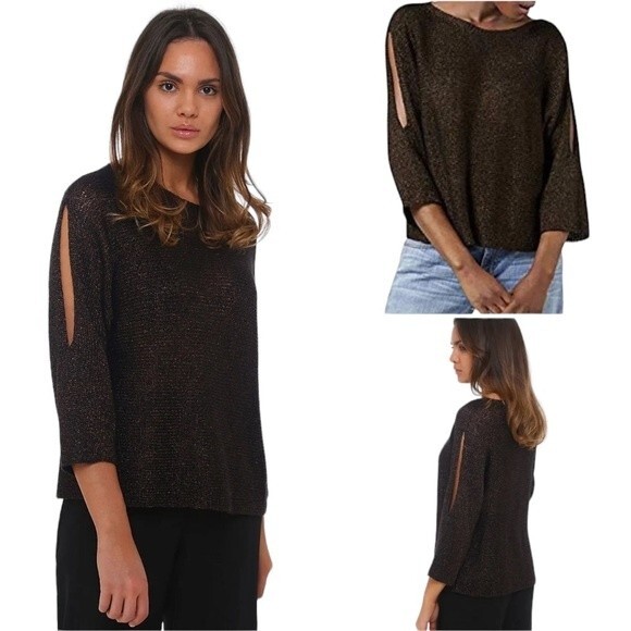 Eileen Fisher Organic Linen Loose Knit 3/4 Dolman Sleeve Sweater Metallic - Picture 2 of 16